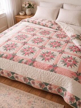 Vintage Handmade Patchwork Quilt Pink Green Star Pattern 100x89